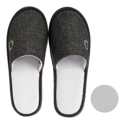 Venta al por mayor, logotipo personalizado, tela de lino Jacquard negra personalizada, zapatillas de baño de Hotel con punta cerrada desechables para SPA